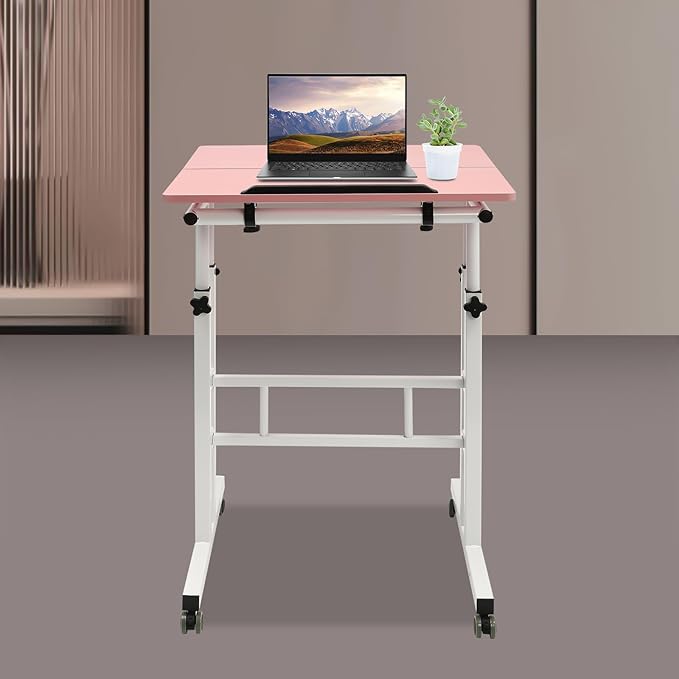 Height Adjustable Table Small Adjustable Standing Desk with Wheels Home Office Workstation Portable Rolling Desk Laptop Cart for Standing or Sitting (Pink)