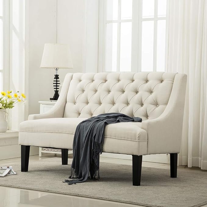 Tongli 50 Small Modern Loveseat Settee Sofa Linen Fabric 2-Seat Sofa Couch Tufted Love Seat Dining Bench with Back Upholstered Banquette Sofas for Living Room Bedroom Small Space Entryway