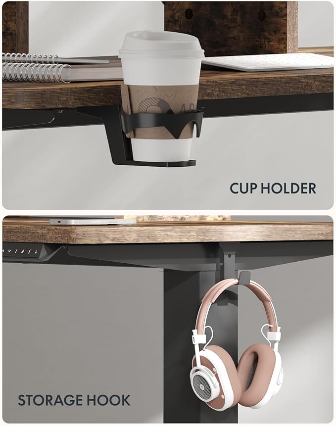 FLEXISPOT Standing Desk with Monitor Stand 48 x 24 Inches One-Piece Electric Height Adjustable Computer Desk with Cup Holder for Home Office Rustic