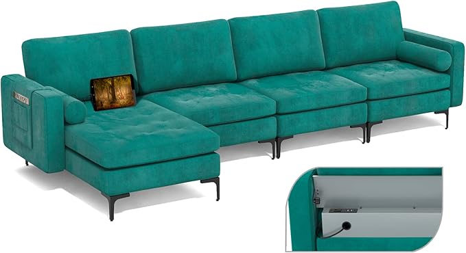 Giantex 128 Extra-Large 4 Seat Sofa Sectional Couch with USB Ports 3-Hole Socket Storage Box Magazine Pocket L-Shape Modular Sleeper w/Convertible Chaise Lounge Bolsters Family Living Room