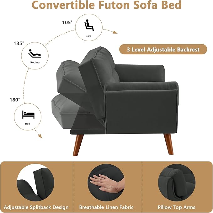 75 Convertible Futon Sofa Bed Sleeper Couch Bed with Adjustable Backrest Small Couches for Small Spaces Living Room Bedroom and Office (Dark Gray)