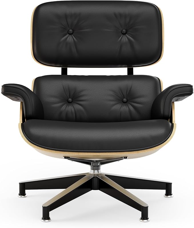 Top Black Grain Leather Mid Century Chaise Lounge Chair and Ottoman Modern Chair Classic Design Ash Wood Heavy Duty Base Support for Living Room Office
