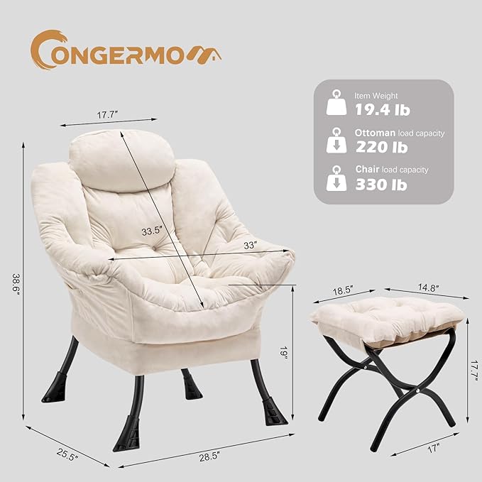 Lazy Chair with Folding OttomanLeisure Sofa ChairSoft Fabric Armchair with Armrests and Side Pockets Reading Chair with Footrest for Living Room Bedroom Office (Plush Beige)