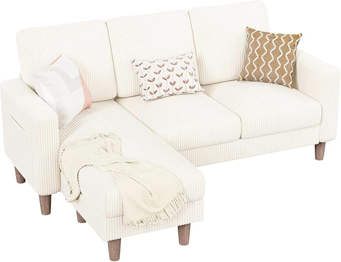 Homall Convertible Sectional Sofa 3 Seat L Shaped Couch with Side Storage Pocket Sofas with Movable Ottoman Corduroy Small Couches for Living Room &amp Apartment (Corduroy Beige)