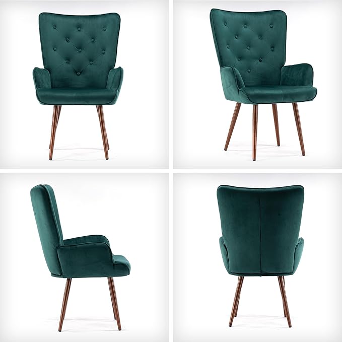 UNICOO - High Wingback Living Room Chairs Vintage Button Wingback Chair Velvet Side Chair Leisure Chair Wingback Reading Chair for Living Room Bedroom Waiting Room (Dark Green)