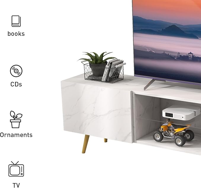 Bonzy Home 86 LED TV Stand Modern Entertainment Center up to 75 TV Television Console Table with Storage Cabinets for Living Room White Marble