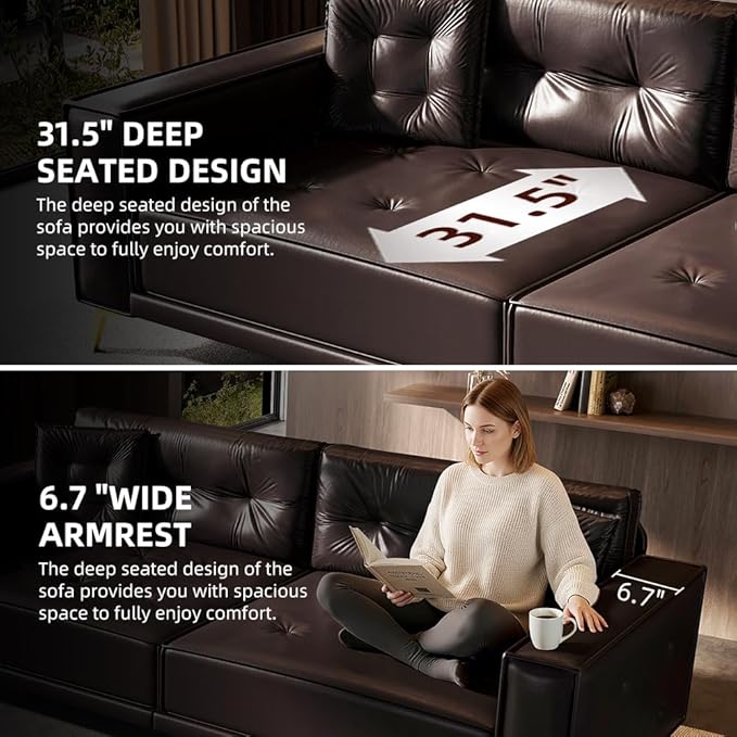 92.1 King Size 4-Seater Pull Out Sofa Bed 3 in 1 Faux Leather Convertible Sleeper Sofa with Ultra Wide Armrests Tufted Couch with 2 Pillows for Living Room Apartment Dark Brown
