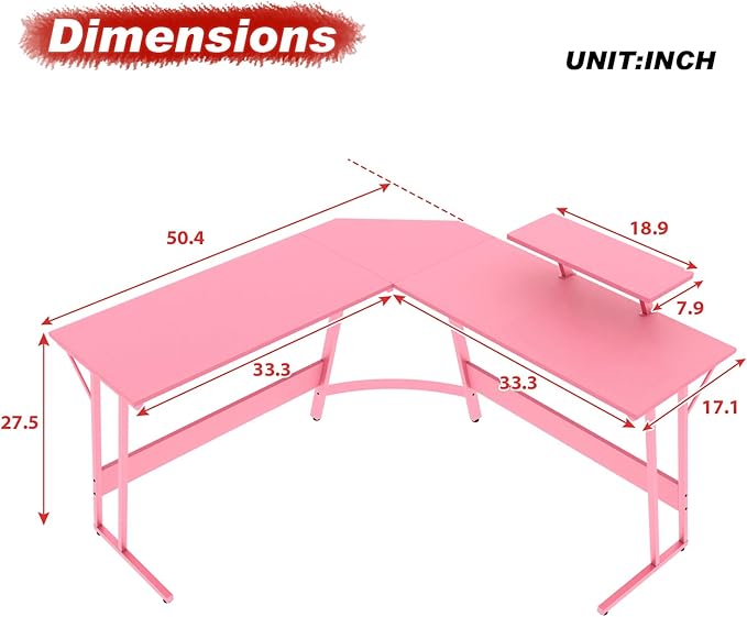 PayLessHere L Shaped Gaming Desk Corner Desk Computer Desk with Large Desktop Studying and Working and Gaming for Home and Work PlacePink