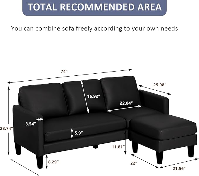 Grepatio Faux Leather Sectional Sofa with Reversible Chaise L Shaped Sofa Set 3 Seater Convertible Couch for Small Spaces Apartment (Black)