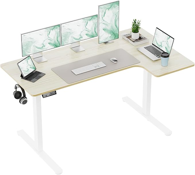 EcoZen Standing Desk Electric Height Adjustable Desk 55 x 33.5 Inches L Shaped Sit Stand up Desk Computer Home Office Desk Memory Preset with Two-Piece Fir Wood Desktop (Natural 55 * 33.5 Inch)