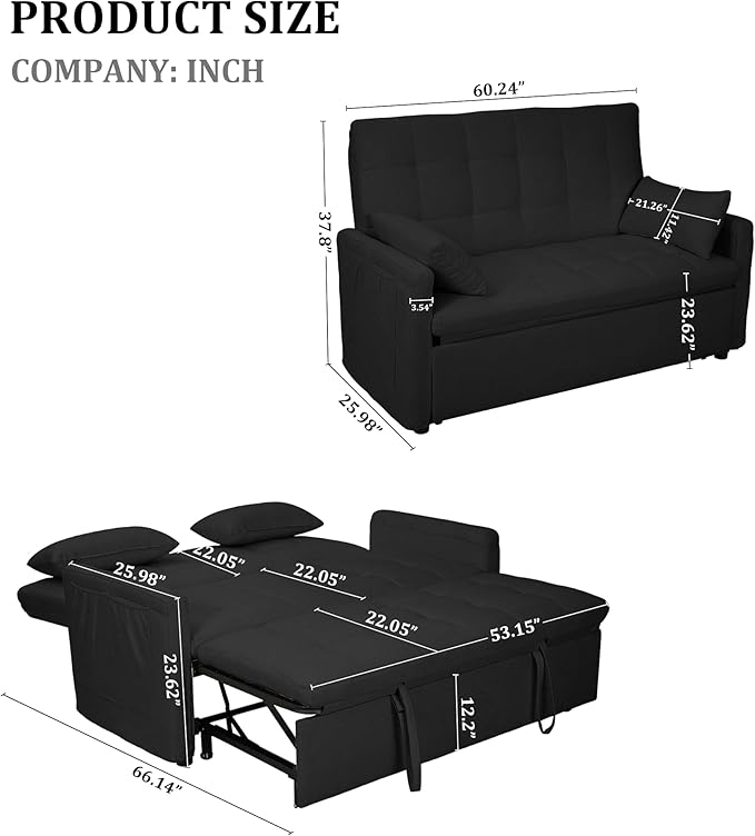 Oversized 3-in-1 Convertible Sleeper Sofa Bed Futon Couch with Pullout Bed 2-Seater Loveseat Sofa w/Pockets Adjustable Backrest and Pillows for Living Room Apartment (Black-Button Tufted)
