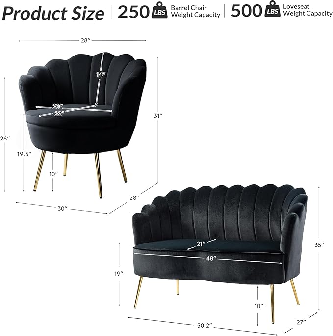 HULALA HOME 3 Piece Velvet Living Room Furniture Set Including Loveseat &amp 2 Sofa Chairs Modern Comfy Upholstered 2-Seater Sofa &amp Accent Chair Set for Bedroom Flower Shaped Back &amp Gold L