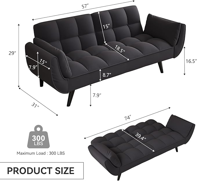 KINFFICT 57 inch Black Futon Sofa Couch Bed Comfy Velvet Upholstered Loveseat Convertible Sleeper Sofa cama with Adjustable Backrest Mid Century Modern Sofas for Living Room Bedroom Small Space
