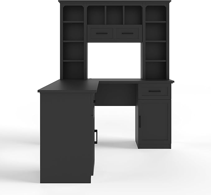 L Shaped Desk Computer Desk with Drawers Bookshelf &amp Hutch Modern Corner Desk Home Office Desk L-Shaped Study Table Writing Desk Corner Gaming Computer with Storage (Black)