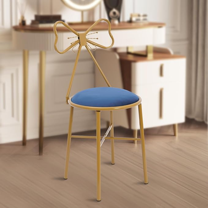 Modern Vanity Chair StoolCute Makeup Chair w/Butterfly BackrestGirl's Stool Ottoman BenchMetal Bench Legs Gold Dining ChairBow Knot Design Seat for Bedroom Living Room (Blue Velvet)
