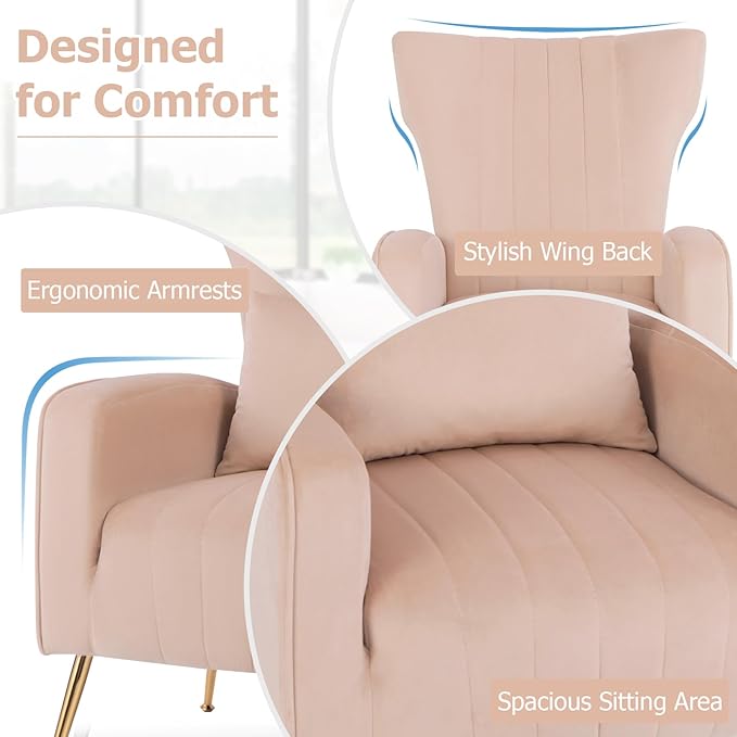 Giantex Velvet Accent Chair with Lumbar Pillow Upholstered Tufted Wingback Arm Chair w/Golden Metal Legs Mid Century Modern Single Sofa Chair for Living Room Bedroom Max Load 400 LBS Pink