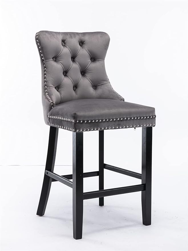 Modern Upholstered BarstoolsVelvet Bar ChairsSet of 2Wooden LegsLeisure Style Bar ChairsHigh Backrest ChairKitchen Island Chairs for CafesLiving RoomKitchenBarGray