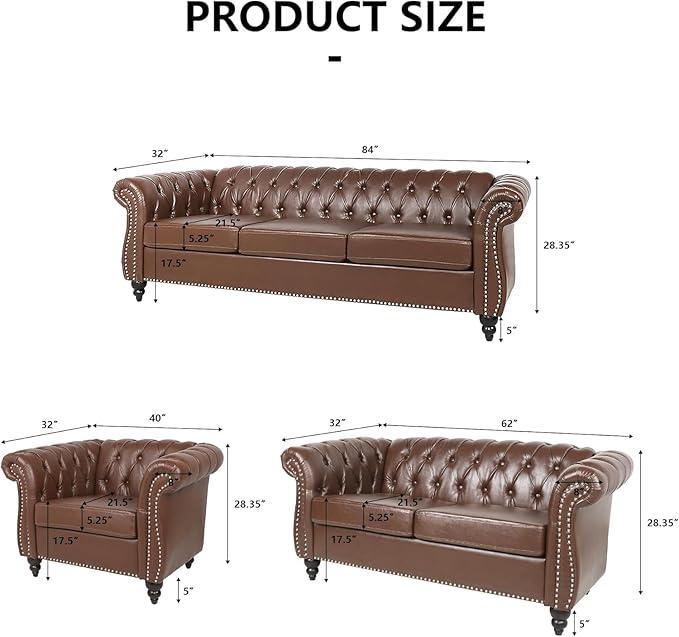 AVZEAR Leather Upholstered Armchair Single Sofa Chair with Rolled Arms and Nailhead Mid-Century Modern Tufted PU Chesterfield Chair for Living Room Bedroom Office Apartment PU Brown