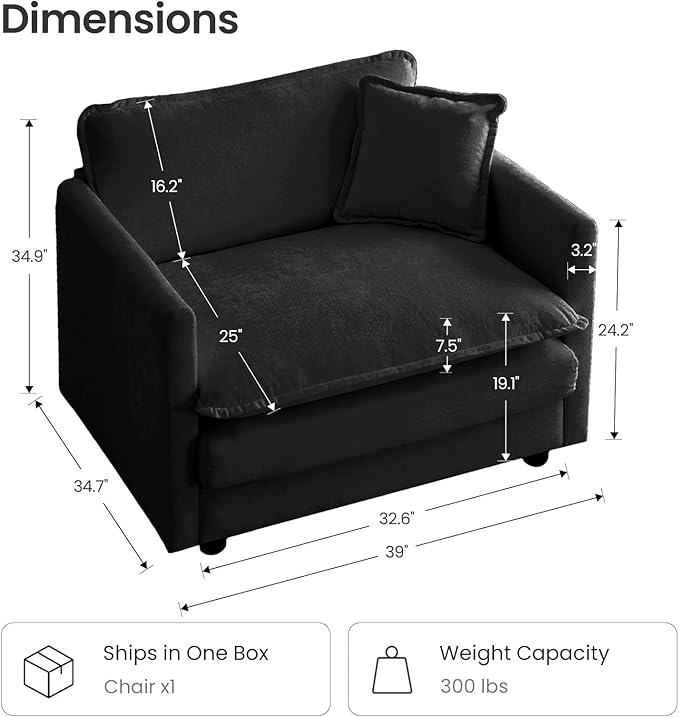 Miscoos Chenille Oversized Accent Chair - 39”W Big Comfy Modular Cloud Chair Cozy Reading Chair for Living Room Kids Room Reading Nook Bedroom Family Jet Black