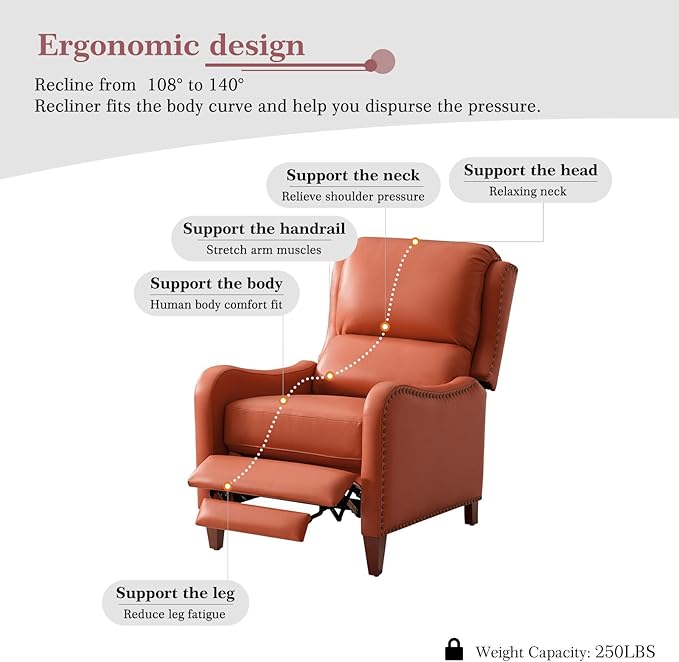 HULALA HOME Genuine Leather Recliner Chair Modern Push Back Recliner Armchair with Thick Seat Backrest &amp Footrest Nailhead Decor for Living Room Bedroom Brick