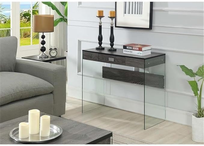 Pemberly Row Contemporary Glass Desk 36 x 15.75 x 30 in Gray Wood Finish Modern Style with Tempered Glass Panels Particle Board and Melamine Construction Compact Home Office or Study Writing Desk