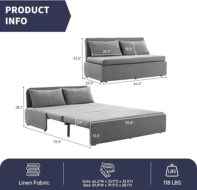 2 in 1 Pull Out Sofa Bed Queen Size Small Convertible Sleeper Sofa Couch Linen Folding Guest Bed with Wheels and Cushions Pillow Futon Sofas Couch Beds for Bedroom Office Lounge - Light Grey