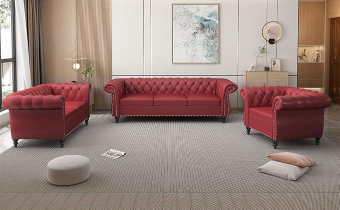AVZEAR 2-Piece Living Room Sectional Sofa Set Upholstered Sofa Modern Sofa Couches Set Style Button Tufted PU Chesterfield Sofa for Living Room Apartment 1+2 Seat PU Claret