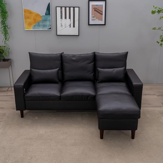 Panana Sectional Sofa Modern Deep 3-Seat Sofa Couch with Ottoman Upholstered Furniture for Living Room Apartment Studio Office (Black Artificial Leather Track Arms)