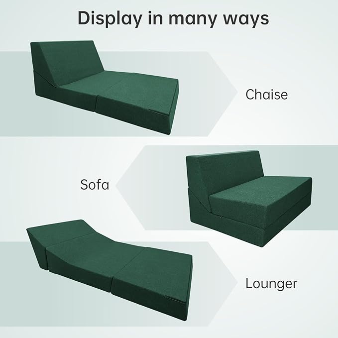 ANONER Convertible Chair Bed Sleeper with Memory Foam &amp Pillow Fold Out Chair Bed Couch Lounge Chaise for Living Room Bedroom Guest Room Home Office Dark Green