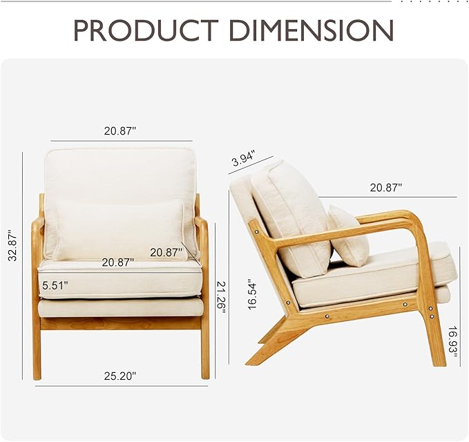 Modern Accent Chair with Lumbar Pillow Relaxing Mid Century Chair Armchair with Solid Wood Frame &amp Soft Cushion Reading Leisure Armchair for Living Room Beige