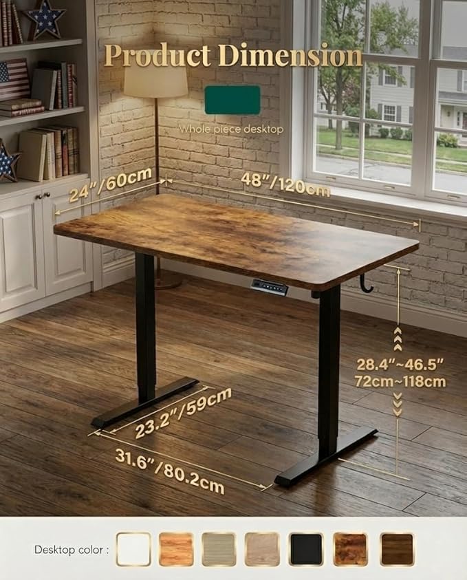 BANTI One-Piece Standing Desk Adjustable Height Stand up Home Office Desk 48x24 Inch Electric Standing Computer Desk with 4 Memory Presets Headphone HookRustic Brown