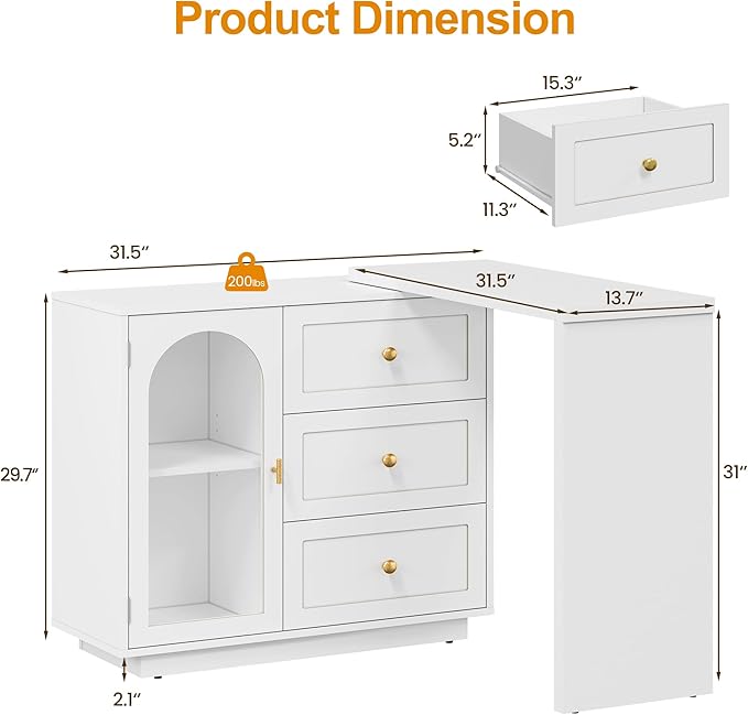 RoyalCraft L Shaped Home Office Desk Extendable and Rotatable Desk with 3 Drawers and Door Corner Computer Desk Modern Study Writing Table for Bedroom Home Office White