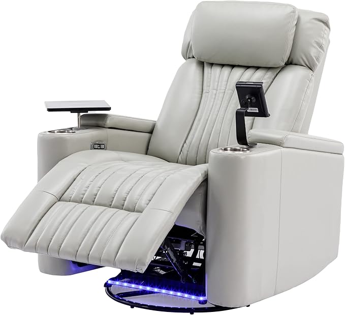 Recliner Chair 270° Power Swivel Recliner Chair with 360° Swivel Tray Table and Cell Phone Holder Cup Holder Home Theater Seating with Hidden Arm Storage Soft Living Room Chair (Gray/27)