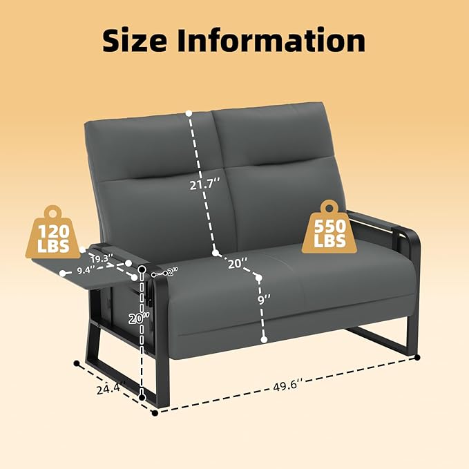 Faux Leather Loveseat Couch for Living Room Bedroom Office Small Sofa 2 Seater Couch with Flip Up Tray Table Side Pockets Leather Loveseats Gray