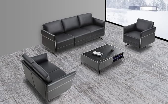 Accent Chair Loveseat Couch Sofa Upholstered Faux Leather Ergonomic Lumbar Support Cubic Waiting Room Reception Chair Modern Simplistic for Living Room Hotel Lobby Office Salon(Chrome Black Dual)