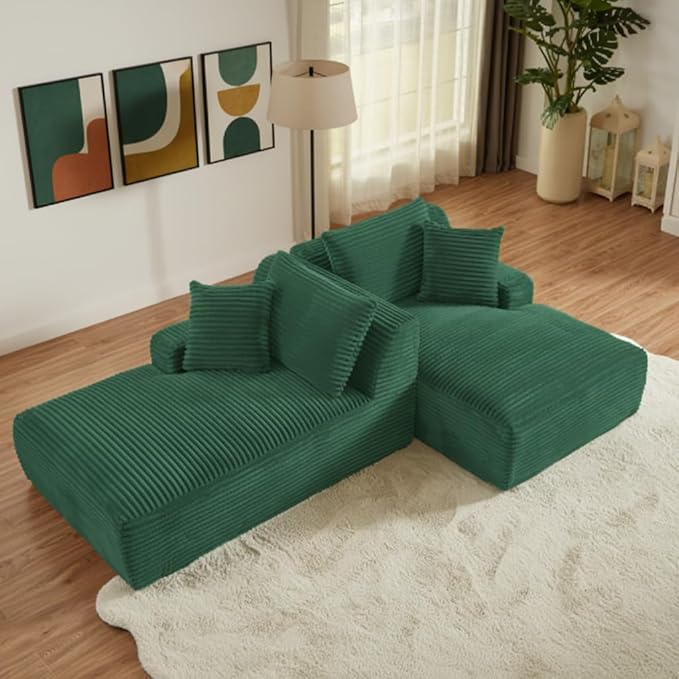 79 Double Chaise Lounge Chair Indoor: Oversized Comfy Corduroy Upholstered Boneless Couch with 4 Pillows for Living Room Bedroom and Apartment Deep Seat Sleeper Sofa 2-Seat Green