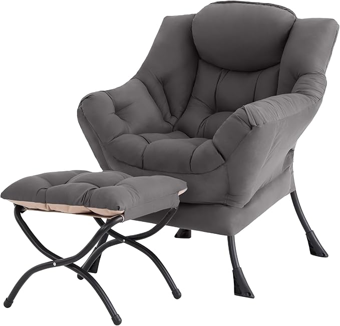 Tiita Lazy Chair with Ottoman Gray Modern Large Accent Chair Comfy Leisure Sofa Armchair with Ottoman Reading Chair with Footrest for Bedroom Living Room Dorm Rooms Garden Dark Grey