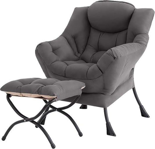 Tiita Lazy Chair with Ottoman Gray Modern Large Accent Chair Comfy Leisure Sofa Armchair with Ottoman Reading Chair with Footrest for Bedroom Living Room Dorm Rooms Garden Dark Grey