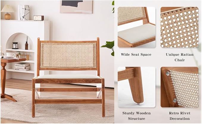 HAOBO Home Rattan Chair Mid Century Modern Accent Chair Living Room Chair Boho Chairs with Wooden Frame for Home Bedroom Set of 2