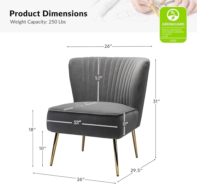 Tina's Home Velvet Armless Accent Chair Upholstered Modern Small Side Chair with Golden Legs Comfy Cute Wingback Slipper Chair for Living Room Study Beauty Room Thickly Padded(Grey)