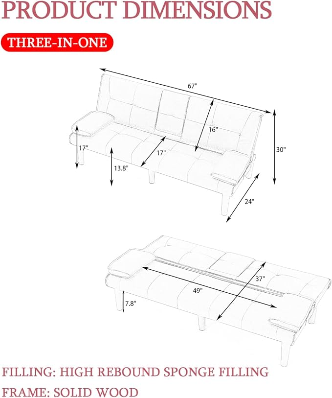 Convertible Folding Futon Sofa Bed with Metal Legs &amp 2 Cupholders Modern New Upholstered Couch Loveseat Sleeper Folding Couches Bed Removable Armrests for Small Spaces (Pink)