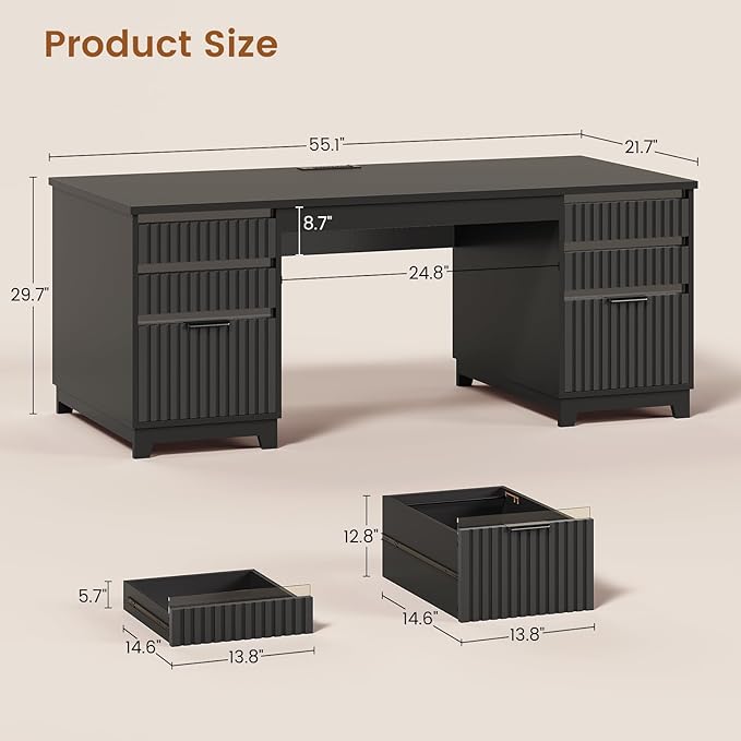 SEDETA 55.1 Fluted Office Desk with 6 Drawers Modern Executive Desk with Acrylic File Drawers Computer Desk with Power outlets for Home Office and Study (Black)