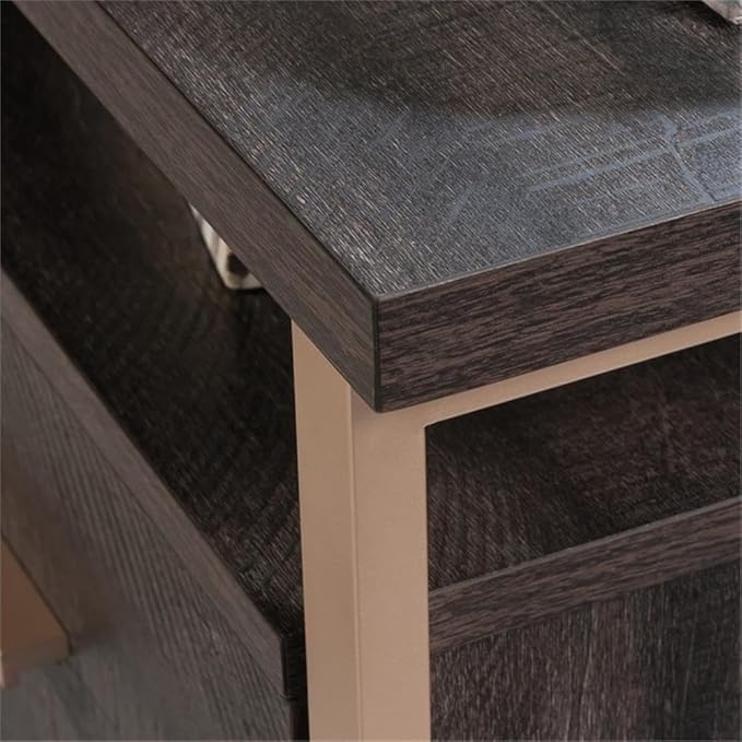 Pemberly Row L-Shaped Engineered Wood Desk Blade Walnut and Champagne Gold Finish 60 in Wide Work Surface Cord Management and Storage Drawers Modern Home Office Desk for Organizing Files