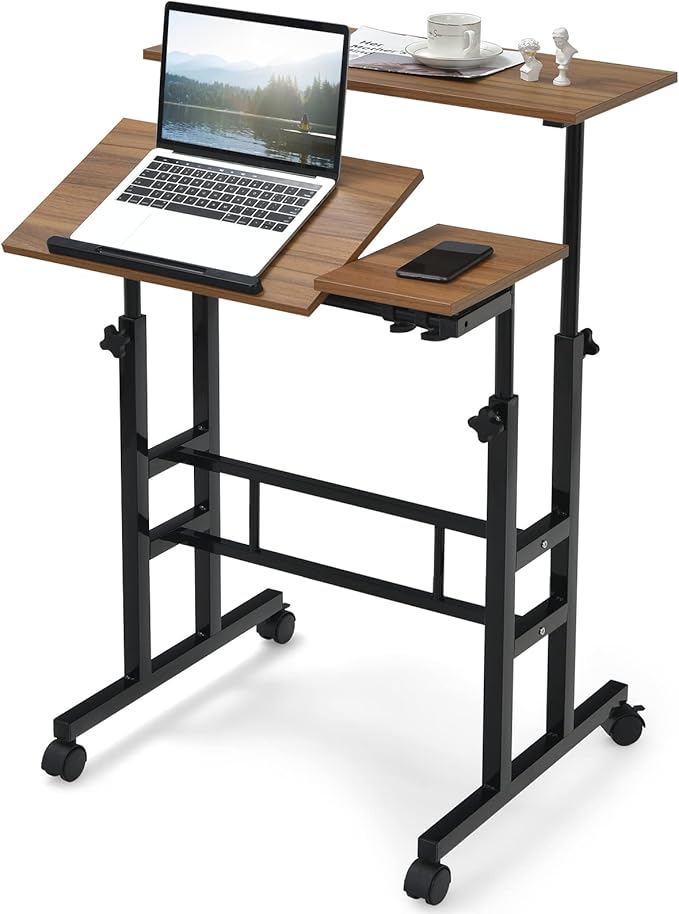 Tangkula Mobile Stand Up Desk Height Adjustable Home Office Desk with Standing &amp Seating 2 Modes Tilting Tabletop &amp Flexible Wheels Rolling Laptop Cart Sit Stand Desk (Walnut)