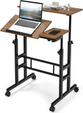 Tangkula Mobile Stand Up Desk Height Adjustable Home Office Desk with Standing &amp Seating 2 Modes Tilting Tabletop &amp Flexible Wheels Rolling Laptop Cart Sit Stand Desk (Walnut)