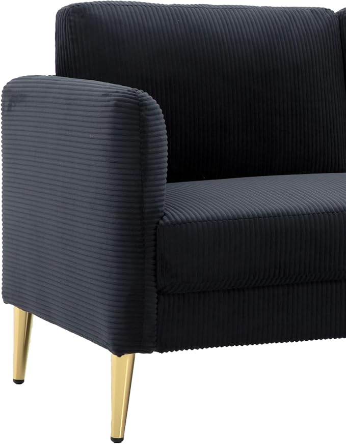 Modern Corduroy Loveseat – Mid-Century Small Sofa 60.63” Wide Plush Upholstered Cushions Solid Wood Frame Compact Living Room &amp Apartment Furniture Black