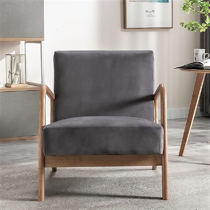 Classic Mid Century Modern Accent Chairs for Living Room or Bedroom Espresso Open ed Armchair with Plush Cushioning and Velvet Fabric Gray