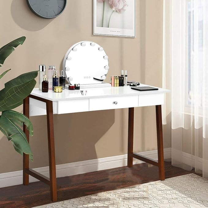 Moccha Writing Desk Computer Laptop Table w/Storage Drawer Solid Wood Frame Makeup Dressing Vanity Desk for Home Large Space Study Table Workstation for Office Sturdy and Durable Easy Assembly