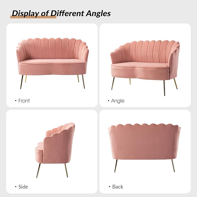 Velvet Upholstered Loveseat Sofa with Gold Metal Legs Modern Comfy Small Love Seat with Flower Shaped Back 2-Seater Sofa Accent Couch for Living Bedroom Leisure Areas