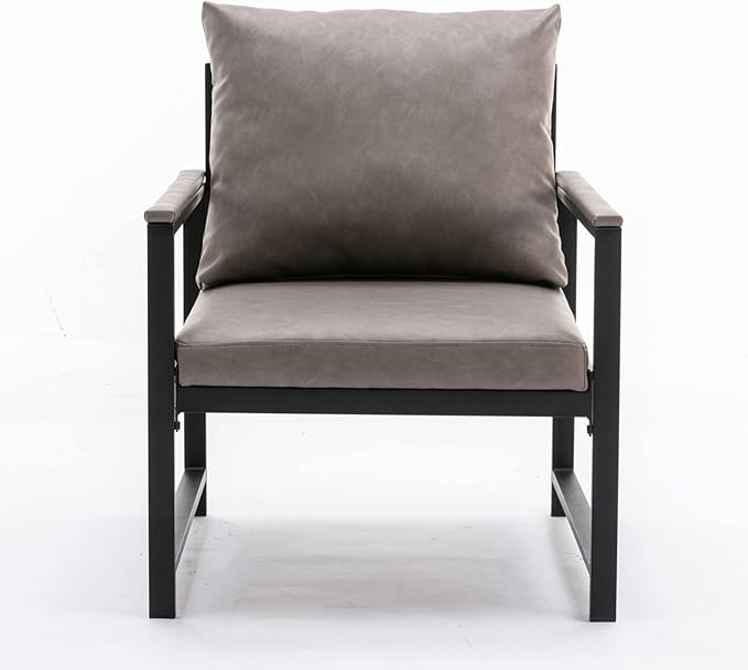 FurnitureModern Faux Leather Accent Chair with Black Powder Coated Metal Frame Single Sofa for Living Room Bedroom Gray
